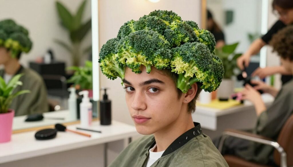 A stylized artistic representation of "broccoli hair," where hair is styled like broccoli florets, creating an avant-garde and trendy look. The image features a model in the foreground, showcasing a vibrant green broccoli-inspired hairstyle that seamlessly blends with their casual-chic outfit. The model's expression is playful and confident, embodying the boldness of this fashion trend. In the middle ground, a bright and colorful salon setting reflects a creative atmosphere, filled with lush plants and trendy hair tools. The background should be softly blurred, hinting at other models and stylists in action, with warm, natural lighting illuminating the scene. The overall mood is adventurous and lively, perfect for capturing the essence of modern hairstyling trends inspired by social media.