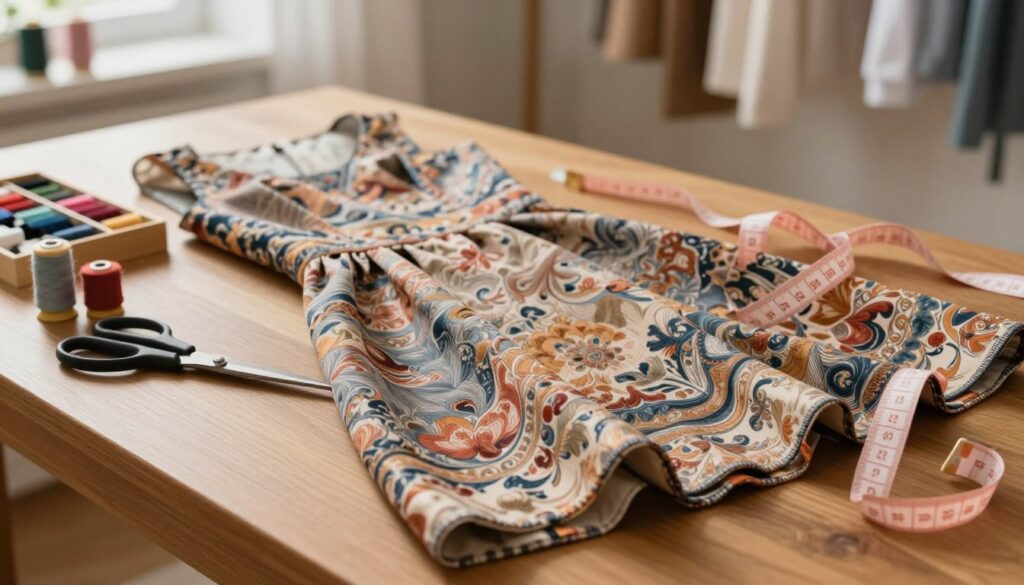 A tailored dress on a wooden table, partially shortened, with fabric scissors and measuring tape nearby. The dress is made of a soft, elegant fabric showcasing intricate patterns and rich colors. In the foreground, focus on the fabric’s texture and the neatly cut hemline. In the middle ground, a well-organized sewing kit with threads in various colors adds to the scene. The background features a softly lit sewing room, with a cozy atmosphere created by warm, diffused lighting. The camera angle is slightly above the table, providing a clear view of the dress and tools. The mood is professional and inviting, perfect for illustrating a sewing service discussion. A tailored dress on a wooden table, partially shortened, with fabric scissors and measuring tape nearby. The dress is made of a soft, elegant fabric showcasing intricate patterns and rich colors. In the foreground, focus on the fabric’s texture and the neatly cut hemline. In the middle ground, a well-organized sewing kit with threads in various colors adds to the scene. The background features a softly lit sewing room, with a cozy atmosphere created by warm, diffused lighting. The camera angle is slightly above the table, providing a clear view of the dress and tools. The mood is professional and inviting, perfect for illustrating a sewing service discussion.