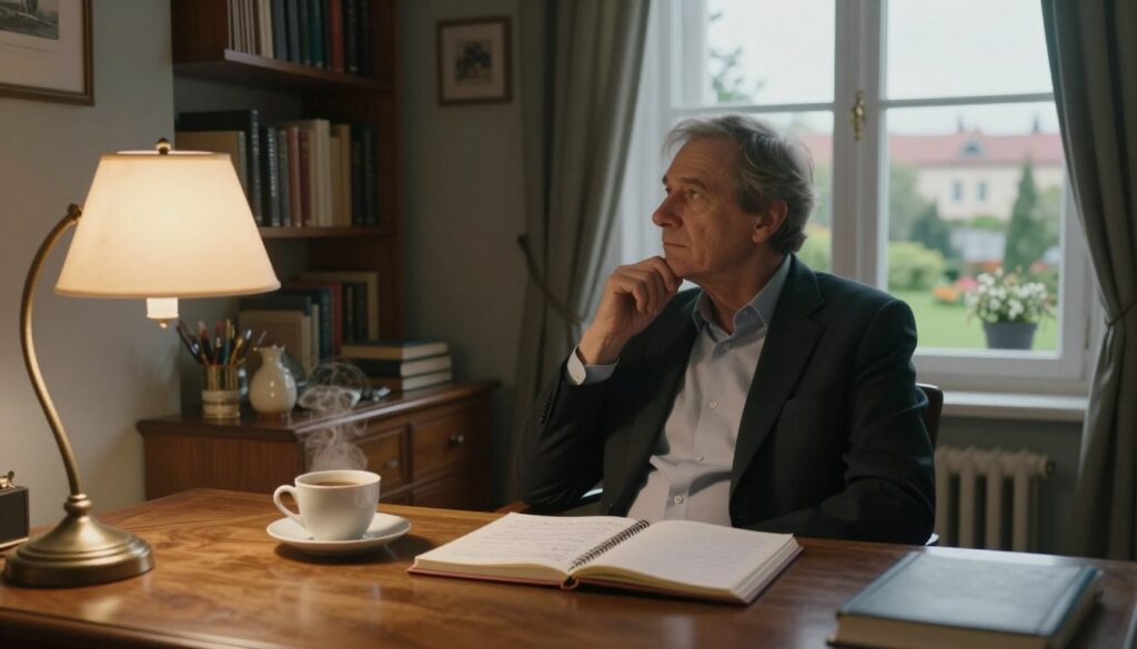 A thoughtful representation of Marian Krzaklewski in his private life, showcasing him at a cozy desk in a softly lit home office, surrounded by books and personal mementos. In the foreground, a polished wooden desk with a vintage lamp casting a warm glow, a cup of coffee steaming beside an open notebook filled with handwritten notes. In the middle ground, Krzaklewski, dressed in professional business attire, is depicted engaged in contemplation, glancing out the window. The background features a view of a peaceful garden and the cityscape of his hometown, symbolizing his connection to the place. The overall mood is reflective and serene, with soft lighting that creates a welcoming atmosphere, inviting viewers into this private moment. A thoughtful representation of Marian Krzaklewski in his private life, showcasing him at a cozy desk in a softly lit home office, surrounded by books and personal mementos. In the foreground, a polished wooden desk with a vintage lamp casting a warm glow, a cup of coffee steaming beside an open notebook filled with handwritten notes. In the middle ground, Krzaklewski, dressed in professional business attire, is depicted engaged in contemplation, glancing out the window. The background features a view of a peaceful garden and the cityscape of his hometown, symbolizing his connection to the place. The overall mood is reflective and serene, with soft lighting that creates a welcoming atmosphere, inviting viewers into this private moment.