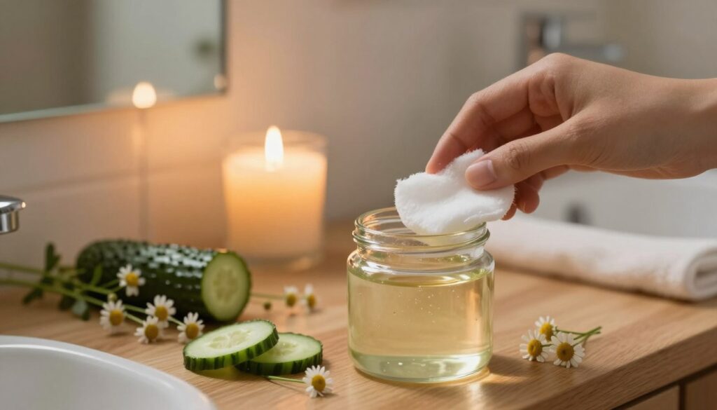 A tranquil bathroom scene focusing on a gentle, natural makeup removal process. In the foreground, a serene glass jar filled with homemade cleansing oil sits on a wooden vanity, surrounded by fresh ingredients like cucumber slices and chamomile flowers. The middle of the image features a softly glowing candle and a cotton pad soaked in the cleansing oil, emphasizing a calming atmosphere. In the background, a mirror reflects a cozy, warm light, enhancing the soothing mood of the space. The scene is captured with a soft, diffused lighting effect, creating a serene and inviting ambiance. The image should evoke a sense of self-care and tranquility, perfect for a natural skincare routine.
