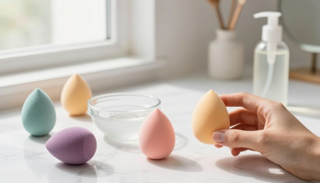 A vibrant and clean workspace featuring various makeup sponges (gąbki makijażu) of diverse shapes and colors, such as teardrop, egg, and flat types, arranged aesthetically on a white marble surface. In the foreground, a hand gently holds one of the sponges, showcasing its soft texture. In the middle ground, a small bowl filled with warm soapy water sits next to a bottle of gentle cleanser. The background features a softly blurred vanity mirror with soft natural light cascading from a nearby window, creating a serene and hygienic atmosphere. The overall mood should be fresh and inviting, emphasizing the importance of maintaining makeup tools with care. A vibrant and clean workspace featuring various makeup sponges (gąbki makijażu) of diverse shapes and colors, such as teardrop, egg, and flat types, arranged aesthetically on a white marble surface. In the foreground, a hand gently holds one of the sponges, showcasing its soft texture. In the middle ground, a small bowl filled with warm soapy water sits next to a bottle of gentle cleanser. The background features a softly blurred vanity mirror with soft natural light cascading from a nearby window, creating a serene and hygienic atmosphere. The overall mood should be fresh and inviting, emphasizing the importance of maintaining makeup tools with care.