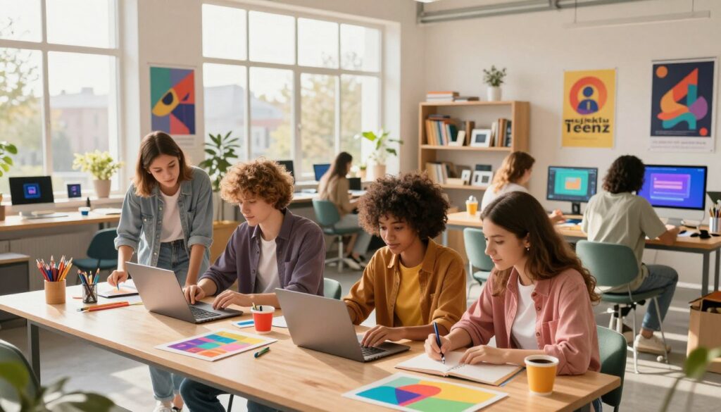 A vibrant and dynamic digital art representation of "projektu Teenz," showcasing a diverse group of young individuals engaged in creative activities. In the foreground, a group of three to five teens, dressed in stylish yet modest casual clothing, collaborate around colorful art supplies, laptops, and digital devices, emphasizing teamwork and innovation. In the middle, a modern, open studio space is filled with large windows allowing warm, natural sunlight to flood the space, highlighting inspiring posters on the walls related to digital content creation. In the background, shelves filled with books, art supplies, and tech gadgets suggest a hub of creativity and knowledge. The mood is energetic and collaborative, reflecting the essence of a thriving online community. A wide-angle perspective captures the open layout, with soft, diffused lighting enhancing the inviting atmosphere. A vibrant and dynamic digital art representation of "projektu Teenz," showcasing a diverse group of young individuals engaged in creative activities. In the foreground, a group of three to five teens, dressed in stylish yet modest casual clothing, collaborate around colorful art supplies, laptops, and digital devices, emphasizing teamwork and innovation. In the middle, a modern, open studio space is filled with large windows allowing warm, natural sunlight to flood the space, highlighting inspiring posters on the walls related to digital content creation. In the background, shelves filled with books, art supplies, and tech gadgets suggest a hub of creativity and knowledge. The mood is energetic and collaborative, reflecting the essence of a thriving online community. A wide-angle perspective captures the open layout, with soft, diffused lighting enhancing the inviting atmosphere.