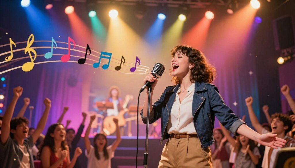 A vibrant and dynamic scene depicting the essence of "Bambi's greatest hits" in a musical context. In the foreground, illustrate an energetic performer, dressed in a stylish yet modest outfit, passionately singing into a retro microphone. Their expression reflects determination and joy, embodying the spirit of success. The middle layer features an array of colorful musical notes swirling around, representing her chart-topping hits and creativity. In the background, a lively stage with bright, multi-colored lights and cheering fans creates an electrifying atmosphere. The lighting is warm and inviting, spotlighting the performer against the vibrant backdrop. Capture the essence of celebration and achievement with a wide-angle perspective that conveys depth and excitement. A vibrant and dynamic scene depicting the essence of "Bambi's greatest hits" in a musical context. In the foreground, illustrate an energetic performer, dressed in a stylish yet modest outfit, passionately singing into a retro microphone. Their expression reflects determination and joy, embodying the spirit of success. The middle layer features an array of colorful musical notes swirling around, representing her chart-topping hits and creativity. In the background, a lively stage with bright, multi-colored lights and cheering fans creates an electrifying atmosphere. The lighting is warm and inviting, spotlighting the performer against the vibrant backdrop. Capture the essence of celebration and achievement with a wide-angle perspective that conveys depth and excitement.