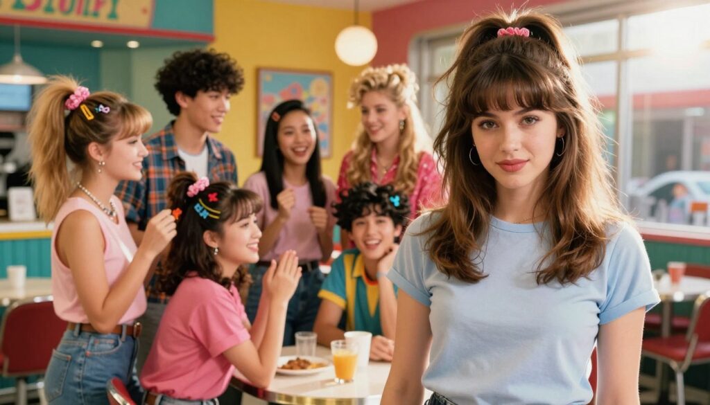 A vibrant and nostalgic 1990s hairstyle showcase, featuring a variety of iconic styles. In the foreground, a confident woman in a modest casual outfit with crimped hair and layered bangs stands, radiating energy and style. In the middle ground, a group of friends sporting different 90s hairstyles, such as the high ponytail with scrunchies, flat tops, and butterfly clips, celebrate together in a playful manner. The background shows a stylish retro café with colorful decor typical of the era. Bright, warm lighting enhances the cheerful atmosphere, while a slight lens flare adds a touch of nostalgia, capturing the essence of the 90s revival in fashion.