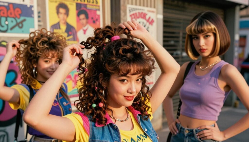 A vibrant and nostalgic scene depicting iconic 90s hairstyles, showcasing a variety of styles such as crimped hair, high pigtails, and voluminous layers. In the foreground, a woman with strikingly crimped hair is playfully adjusting her high ponytails, dressed in a chic 90s outfit with bold colors. To the side, a second figure displays a stylish bob cut with highlights, elegantly posing with a casual yet fashionable stance. The background contains a lively urban setting with retro posters and graffiti, bathed in warm golden hour lighting to evoke a sense of nostalgia. The mood is playful and energetic, capturing the essence of the 90s fashion revival. The image should have a slightly blurred depth of field to focus on the hairstyles while hinting at the nostalgic vibe of the era.