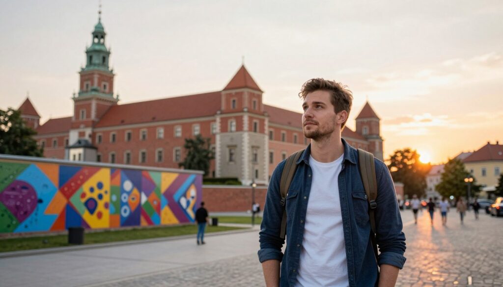 A vibrant blend of Polish culture and global travel, featuring a well-dressed traveler with a thoughtful expression, standing at a picturesque location that highlights both modern and historical elements of Poland. In the foreground, the traveler is wearing smart casual attire, symbolizing a connection between Poland and the world. The middle ground showcases iconic Polish landmarks like the Wawel Castle and colorful street art, while the background reveals a soft sunset with warm lighting, creating a reflective and inspiring atmosphere. Use a wide-angle lens to capture the essence of the scene, emphasizing the connection between the traveler and their dual life in Poland and abroad, with a sense of adventure and popularity in the air. A vibrant blend of Polish culture and global travel, featuring a well-dressed traveler with a thoughtful expression, standing at a picturesque location that highlights both modern and historical elements of Poland. In the foreground, the traveler is wearing smart casual attire, symbolizing a connection between Poland and the world. The middle ground showcases iconic Polish landmarks like the Wawel Castle and colorful street art, while the background reveals a soft sunset with warm lighting, creating a reflective and inspiring atmosphere. Use a wide-angle lens to capture the essence of the scene, emphasizing the connection between the traveler and their dual life in Poland and abroad, with a sense of adventure and popularity in the air.