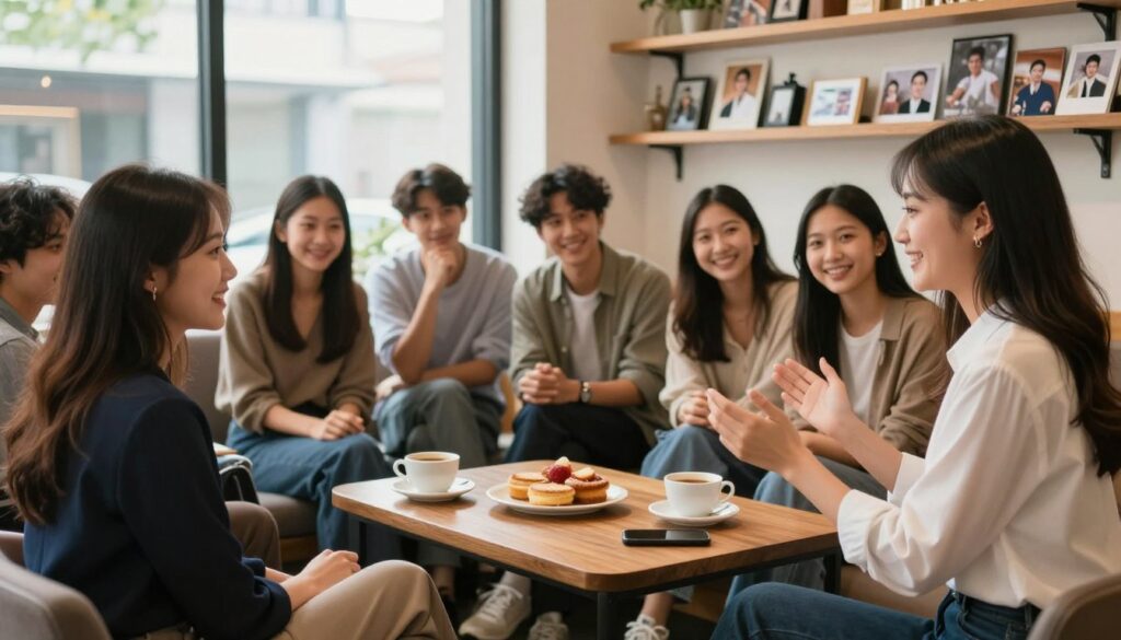 A vibrant, lively scene capturing the interaction between a social media influencer and her fans in a cozy, modern café setting. In the foreground, the influencer, a young woman dressed in professional business attire, engages warmly with a diverse group of fans who are attentively listening and smiling, showcasing a variety of expressions of admiration and support. The middle ground features a stylish coffee table with cups and pastries, symbolizing a casual yet intimate atmosphere. In the background, large windows let in natural light, creating a bright and inviting ambiance, while shelves filled with personal memorabilia and photos of fan encounters add a personal touch. The overall mood is one of connection and community, reflecting the positive impact of fan relationships in building a personal brand. A vibrant, lively scene capturing the interaction between a social media influencer and her fans in a cozy, modern café setting. In the foreground, the influencer, a young woman dressed in professional business attire, engages warmly with a diverse group of fans who are attentively listening and smiling, showcasing a variety of expressions of admiration and support. The middle ground features a stylish coffee table with cups and pastries, symbolizing a casual yet intimate atmosphere. In the background, large windows let in natural light, creating a bright and inviting ambiance, while shelves filled with personal memorabilia and photos of fan encounters add a personal touch. The overall mood is one of connection and community, reflecting the positive impact of fan relationships in building a personal brand.