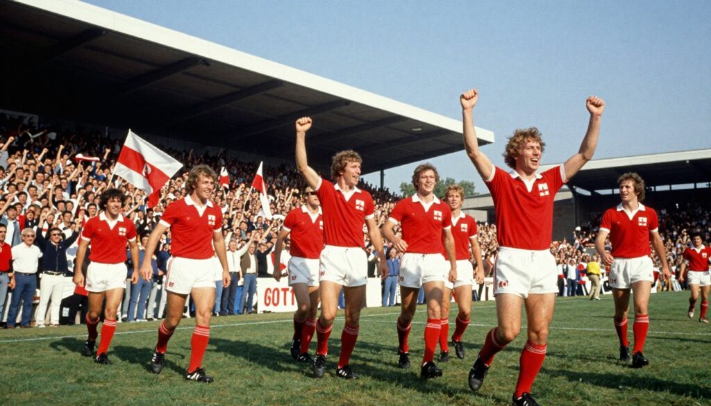 A vibrant scene capturing the essence of Poland's golden era of football in 1974, featuring iconic players in action. In the foreground, a dynamic group of Polish footballers, clad in their classic red and white kits, are mid-celebration, showcasing their teamwork and camaraderie. The middle ground includes a cheering crowd, waving flags, and showcasing a sense of national pride. In the background, a vintage stadium filled with enthusiastic fans under a bright, clear sky, conveying an atmosphere of jubilation and success. The lighting is warm and inviting, creating a nostalgic feel reminiscent of the 1970s. Capture this moment with a slightly elevated angle, highlighting both the players’ expressions and the vibrancy of the crowd, reflecting the triumphs of that era in Polish football history. A vibrant scene capturing the essence of Poland's golden era of football in 1974, featuring iconic players in action. In the foreground, a dynamic group of Polish footballers, clad in their classic red and white kits, are mid-celebration, showcasing their teamwork and camaraderie. The middle ground includes a cheering crowd, waving flags, and showcasing a sense of national pride. In the background, a vintage stadium filled with enthusiastic fans under a bright, clear sky, conveying an atmosphere of jubilation and success. The lighting is warm and inviting, creating a nostalgic feel reminiscent of the 1970s. Capture this moment with a slightly elevated angle, highlighting both the players’ expressions and the vibrancy of the crowd, reflecting the triumphs of that era in Polish football history.