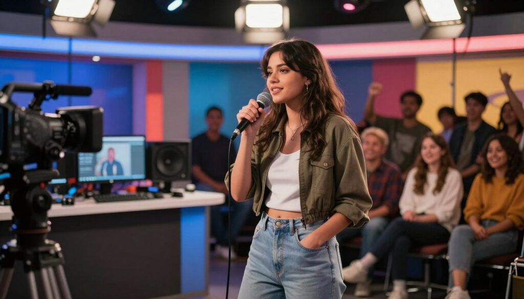 A vibrant scene capturing the essence of a television studio where a young female rapper rehearses, surrounded by bright lights and professional equipment. In the foreground, she stands confidently in stylish, modest casual clothing, microphone in hand, with an intense expression that conveys determination. The middle ground features a colorful backdrop of studio monitors and cameras, reflecting a dynamic atmosphere of creativity. The background showcases a cheering audience, slightly blurred to emphasize the performer. The lighting is warm, with soft spotlights highlighting her figure against the cooler tones of the studio. The mood is energetic and hopeful, reminiscent of the early career moments in the entertainment industry, emphasizing ambition and the journey ahead. A vibrant scene capturing the essence of a television studio where a young female rapper rehearses, surrounded by bright lights and professional equipment. In the foreground, she stands confidently in stylish, modest casual clothing, microphone in hand, with an intense expression that conveys determination. The middle ground features a colorful backdrop of studio monitors and cameras, reflecting a dynamic atmosphere of creativity. The background showcases a cheering audience, slightly blurred to emphasize the performer. The lighting is warm, with soft spotlights highlighting her figure against the cooler tones of the studio. The mood is energetic and hopeful, reminiscent of the early career moments in the entertainment industry, emphasizing ambition and the journey ahead.