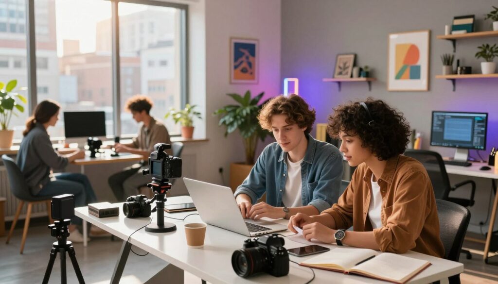 A vibrant urban setting where a creative team is actively engaged in content creation. In the foreground, two young content creators, dressed in casual yet professional attire, collaborate at a modern desk cluttered with cameras, laptops, and production equipment. The middle layer showcases a cozy studio space adorned with colorful mood lighting and artistic decorations, reflecting a lively atmosphere of innovation. In the background, large windows reveal a bustling cityscape bathed in warm sunlight, symbolizing energy and inspiration. The mood is dynamic and collaborative, with soft shadows and bright highlights to enhance the creative vibe, captured at a slightly elevated angle to emphasize both the team and the environment. A vibrant urban setting where a creative team is actively engaged in content creation. In the foreground, two young content creators, dressed in casual yet professional attire, collaborate at a modern desk cluttered with cameras, laptops, and production equipment. The middle layer showcases a cozy studio space adorned with colorful mood lighting and artistic decorations, reflecting a lively atmosphere of innovation. In the background, large windows reveal a bustling cityscape bathed in warm sunlight, symbolizing energy and inspiration. The mood is dynamic and collaborative, with soft shadows and bright highlights to enhance the creative vibe, captured at a slightly elevated angle to emphasize both the team and the environment.