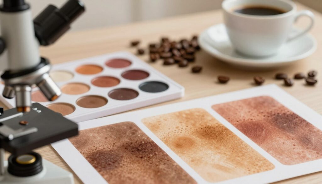A visually captivating scene illustrating the physiological effects of caffeine on pigmentation. In the foreground, a close-up of skin samples under a microscope, highlighting various pigmentation cells and textures, with vibrant colors reflecting the diversity of skin tones. In the middle ground, an artist’s palette with various pigments and color swatches, symbolizing makeup colors affected by caffeine consumption. The background features a soft-focus coffee cup, with coffee beans scattered artistically around it. The lighting is warm, creating an inviting atmosphere, while a slight vignette effect draws focus towards the center. The composition is well-balanced, encouraging viewers to reflect on the relationship between caffeine and skin pigmentation. A visually captivating scene illustrating the physiological effects of caffeine on pigmentation. In the foreground, a close-up of skin samples under a microscope, highlighting various pigmentation cells and textures, with vibrant colors reflecting the diversity of skin tones. In the middle ground, an artist’s palette with various pigments and color swatches, symbolizing makeup colors affected by caffeine consumption. The background features a soft-focus coffee cup, with coffee beans scattered artistically around it. The lighting is warm, creating an inviting atmosphere, while a slight vignette effect draws focus towards the center. The composition is well-balanced, encouraging viewers to reflect on the relationship between caffeine and skin pigmentation.