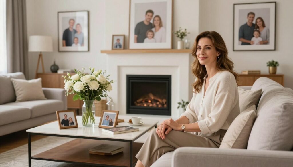 A warm and inviting family living room setting, featuring a stylishly arranged space filled with soft, natural lighting. In the foreground, a lovely woman named Małgorzata Patryn-Gurłacz sits comfortably on a modern sofa, wearing elegant, modest attire that reflects her nurturing personality. She is smiling softly, surrounded by family photographs on the walls and a sense of warmth in the atmosphere. In the middle ground, a well-maintained coffee table holds family mementos and a lovely vase of fresh flowers, symbolizing love and togetherness. The background reveals a cozy fireplace and tasteful decor, evoking a sense of homeliness and happiness. The overall mood conveys stability, warmth, and the essence of family life. A warm and inviting family living room setting, featuring a stylishly arranged space filled with soft, natural lighting. In the foreground, a lovely woman named Małgorzata Patryn-Gurłacz sits comfortably on a modern sofa, wearing elegant, modest attire that reflects her nurturing personality. She is smiling softly, surrounded by family photographs on the walls and a sense of warmth in the atmosphere. In the middle ground, a well-maintained coffee table holds family mementos and a lovely vase of fresh flowers, symbolizing love and togetherness. The background reveals a cozy fireplace and tasteful decor, evoking a sense of homeliness and happiness. The overall mood conveys stability, warmth, and the essence of family life.