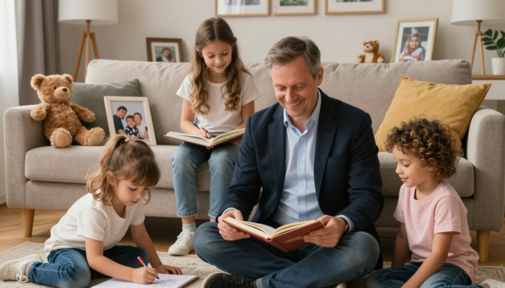 A warm family portrait featuring Andrzej Rosiewicz with his children in a cozy living room setting. In the foreground, Andrzej, a middle-aged man with a kind smile, is dressed in smart casual attire, surrounded by his three children who are joyfully interacting with him. The children, diverse in appearance, are engaged in playful activities, such as drawing and reading a book. In the middle ground, a comfortable sofa with family photographs and children's toys, along with soft pillows, enhances the atmosphere of family bonding. The background reveals a tastefully decorated room with warm lighting, evoking a sense of love and heritage, emphasizing the theme of family ties. The image exudes warmth and joy, reflecting a harmonious family life. A warm family portrait featuring Andrzej Rosiewicz with his children in a cozy living room setting. In the foreground, Andrzej, a middle-aged man with a kind smile, is dressed in smart casual attire, surrounded by his three children who are joyfully interacting with him. The children, diverse in appearance, are engaged in playful activities, such as drawing and reading a book. In the middle ground, a comfortable sofa with family photographs and children's toys, along with soft pillows, enhances the atmosphere of family bonding. The background reveals a tastefully decorated room with warm lighting, evoking a sense of love and heritage, emphasizing the theme of family ties. The image exudes warmth and joy, reflecting a harmonious family life.