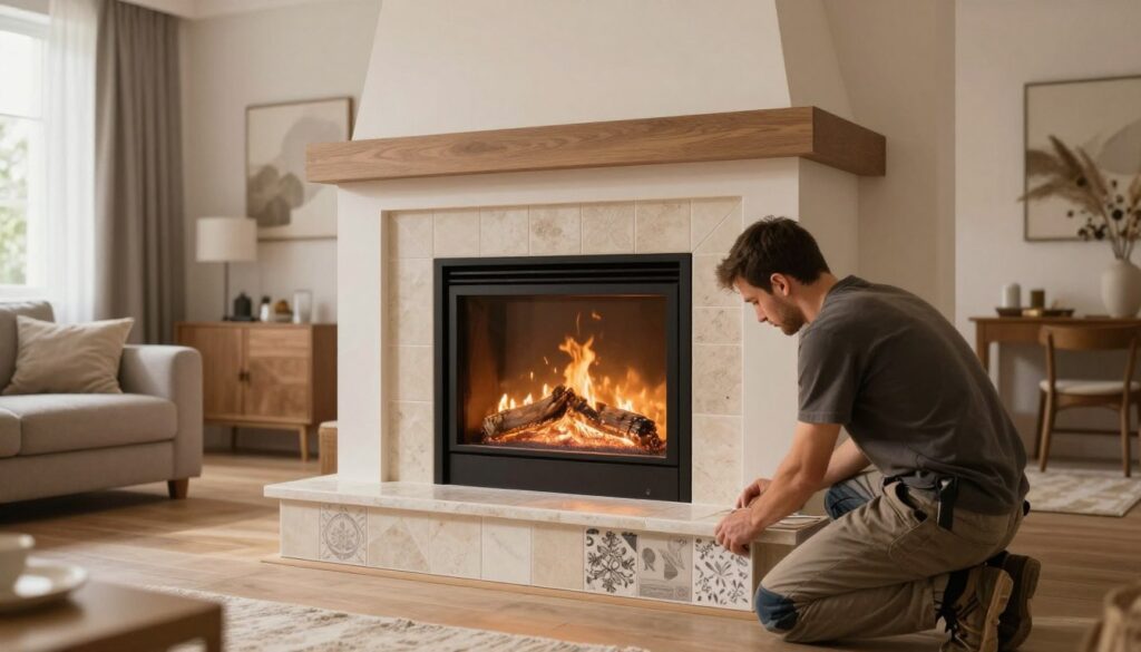 A well-designed living room featuring a modern fireplace installation, showcasing the process of "montaż kominka." In the foreground, include a skilled professional in modest casual clothing, carefully attaching decorative tiles around the fireplace, emphasizing attention to detail. In the middle ground, the sleek fireplace with a warm flame is surrounded by elegant, heat-resistant materials, such as stone and ceramic. The background reveals a stylish, cozy living room with soft lighting, accentuated by warm tones to create an inviting atmosphere. The image should have a clear focus on the fireplace as the centerpiece, with a wide-angle perspective to capture the space effectively. Natural light streaming through a window enhances the homey feel. A well-designed living room featuring a modern fireplace installation, showcasing the process of "montaż kominka." In the foreground, include a skilled professional in modest casual clothing, carefully attaching decorative tiles around the fireplace, emphasizing attention to detail. In the middle ground, the sleek fireplace with a warm flame is surrounded by elegant, heat-resistant materials, such as stone and ceramic. The background reveals a stylish, cozy living room with soft lighting, accentuated by warm tones to create an inviting atmosphere. The image should have a clear focus on the fireplace as the centerpiece, with a wide-angle perspective to capture the space effectively. Natural light streaming through a window enhances the homey feel.