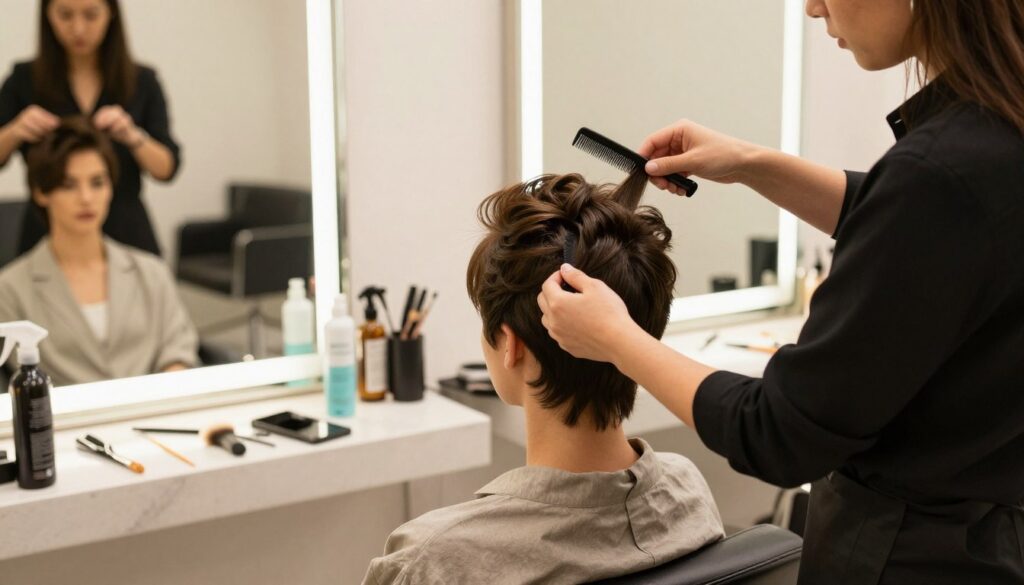 A well-lit salon setting showcasing a professional stylist preparing a model’s hair for a pompadour hairstyle. In the foreground, a stylist in a chic outfit is gently sectioning the model’s hair using a comb, with various hairstyling tools like spray bottles and brushes neatly arranged on a counter beside them. The model, dressed in a modest casual outfit, looks relaxed while seated in a salon chair. In the middle background, mirrors reflect the action, adding depth to the scene. Soft, warm lighting creates an inviting atmosphere, highlighting the texture and volume of the hair. The shot is taken from a slightly elevated angle, giving a clear view of the preparation process, emphasizing elegance and professionalism in hairstyling.