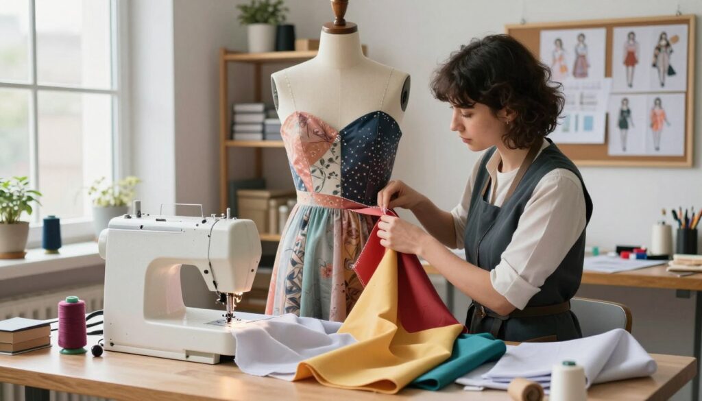 A well-lit sewing workshop with a sewing machine in the foreground, featuring a stylish dress on a mannequin. The dress is being carefully altered at the bust area, showcasing a seamstress’s hands skillfully pinning extra fabric. The seamstress, wearing a professional outfit, is focused on her task, surrounded by colorful fabrics and sewing tools scattered on a wooden table. Soft natural light streams through a nearby window, creating a warm atmosphere. In the background, shelves filled with sewing supplies, patterns, and a bulletin board displaying fashion sketches add depth. The scene conveys a sense of creativity and craftsmanship, emphasizing the technique of adjusting a dress for a better fit without distorting its design.
