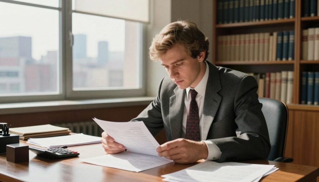 A young Ryszard Krauze in a vintage 1990s office setting, portraying the early days of his business career. In the foreground, a determined young man dressed in a smart suit is focused on a financial report spread across a wooden desk, with papers and a calculator around him. The middle ground shows large windows allowing natural sunlight to fill the room, casting warm shadows that enhance a sense of ambition. The background features shelves filled with business books and a view of a bustling city skyline, symbolizing opportunity. The lighting is bright and optimistic, highlighting the seriousness of his work and ambition. The atmosphere conveys a mix of hope and determination as he begins to build his financial empire.
