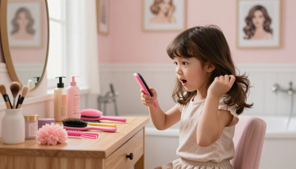 A young girl sitting in a cozy, well-lit bathroom, preparing her hair for styling. The foreground features a wooden vanity with colorful hair accessories, brushes, and styling products neatly arranged. In the middle, the girl is focused on parting her medium-length hair, wearing a cute, modest outfit, and displaying an expression of excitement. Soft natural light enters through a window, creating a warm and inviting atmosphere. The background shows pastel-colored walls and decorative elements like framed pictures of hairstyles, enhancing a playful yet calm mood that reflects the anticipation of a fun hairstyle for an event. The angle captures a close-up of her hands working on her hair, perfect for illustrating the concept of preparing hair at home.