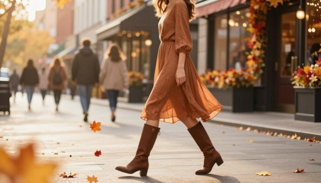 An elegant autumn scene showcasing a stylish woman walking through a bustling city street. In the foreground, she wears a knee-length, flowy autumn dress in warm tones, paired with chic ankle boots and sleek knee-high boots. The focus is on her outfit, highlighting the textures and layering that symbolize fall fashion. In the middle ground, colorful fall leaves swirl around her feet as she strolls past quaint storefronts adorned with seasonal decorations. The background features a softly blurred cityscape under golden-hour lighting, casting a warm glow over the scene. The atmosphere is lively yet cozy, evoking the spirit of fall outings and fashionable day-to-day life. Use a soft focus lens effect to create a dreamy ambiance, emphasizing the beauty of autumn styling.
