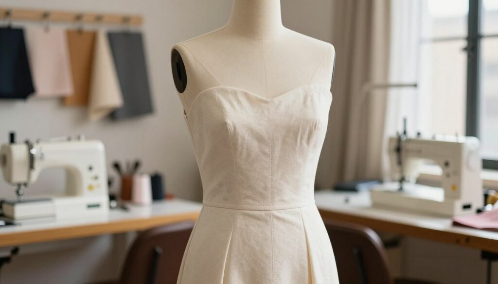 An elegant dress on a mannequin, showcasing a tasteful neckline modification that enhances its style without compromising on modesty. The dress is tailored with fine fabrics, incorporating subtle textures and delicate patterns, reflecting a sophisticated fashion sense. The foreground features detailed stitching and embellishments, emphasizing high-quality tailoring. In the middle, the mannequin stands against a softly lit background, with warm natural light highlighting the dress's features. The atmosphere is professional yet inviting, suggesting a focus on bespoke tailoring options. The setting is a stylish sewing workshop, complete with sewing tools and fabric swatches in the background, conveying a sense of craftsmanship and expertise in dress alterations. The composition captures a balance between elegance and practicality, perfect for discerning fashion enthusiasts.