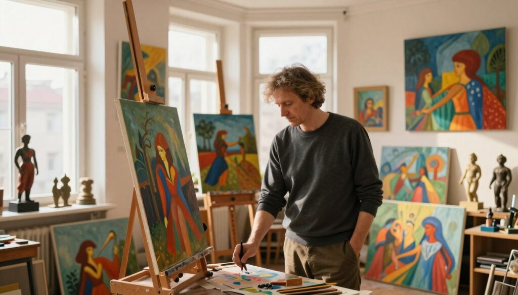 Andrzej Cierniewski, a Polish artist, stands in a cozy, artistic studio filled with his vibrant paintings and sculptures. In the foreground, he is engaged in his craft, wearing stylish, modest casual clothing, with a focused expression as he works. The middle ground features an array of his colorful artworks displayed on easels and walls, reflecting his passion for creativity and his cultural influences from living abroad. The background shows large windows allowing warm, natural light to flood the room, creating a welcoming atmosphere. Soft shadows play across the space, enhancing the vibrant colors of his art. The overall mood is inspiring and reflective, illustrating the artist's dedication to his craft and the experiences that have shaped his work. Andrzej Cierniewski, a Polish artist, stands in a cozy, artistic studio filled with his vibrant paintings and sculptures. In the foreground, he is engaged in his craft, wearing stylish, modest casual clothing, with a focused expression as he works. The middle ground features an array of his colorful artworks displayed on easels and walls, reflecting his passion for creativity and his cultural influences from living abroad. The background shows large windows allowing warm, natural light to flood the room, creating a welcoming atmosphere. Soft shadows play across the space, enhancing the vibrant colors of his art. The overall mood is inspiring and reflective, illustrating the artist's dedication to his craft and the experiences that have shaped his work.