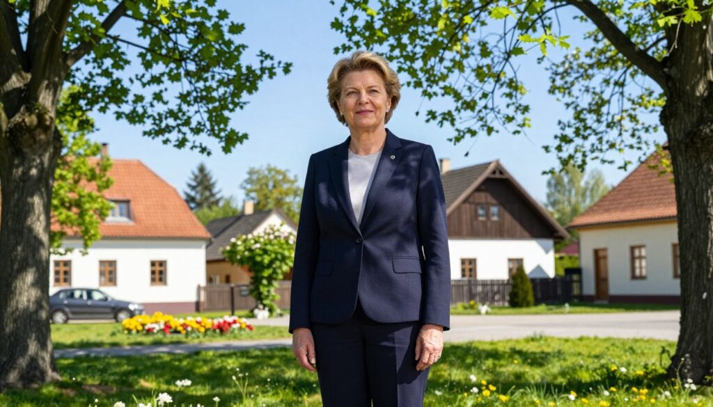 Beata Szydło standing confidently in a picturesque Polish village, captured in a serene moment. In the foreground, she is dressed in a professional navy blazer and tailored pants, presenting a warm and approachable demeanor. The middle ground features a view of charming houses with traditional architecture, alongside vibrant green trees and blooming flowers. In the background, a clear blue sky enhances the peaceful atmosphere, with soft sunlight filtering through the branches, casting gentle shadows. The scene is framed to create a sense of connection between the former Prime Minister and her roots, emphasizing her ties to the community. The overall mood is uplifting and nostalgic, reflecting the essence of her story. Beata Szydło standing confidently in a picturesque Polish village, captured in a serene moment. In the foreground, she is dressed in a professional navy blazer and tailored pants, presenting a warm and approachable demeanor. The middle ground features a view of charming houses with traditional architecture, alongside vibrant green trees and blooming flowers. In the background, a clear blue sky enhances the peaceful atmosphere, with soft sunlight filtering through the branches, casting gentle shadows. The scene is framed to create a sense of connection between the former Prime Minister and her roots, emphasizing her ties to the community. The overall mood is uplifting and nostalgic, reflecting the essence of her story.