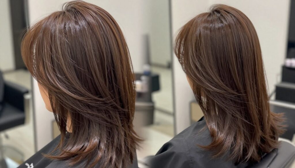 Create a visually stunning image showcasing a woman's hair styled to shoulder length, incorporating a blend of straight, wavy, and fine textures. In the foreground, feature a close-up of the woman's hair, reflecting shine and movement. In the middle ground, depict the full hairstyle, highlighting various cutting techniques that flatter different hair types. Use soft, diffused lighting to enhance the colors and textures, creating a warm, inviting atmosphere. The background should be softly blurred, suggesting a salon setting with elegant decor. Capture the image from a slightly elevated angle to emphasize the hairstyle's layers and details, conveying a sense of fashion and timeless elegance.