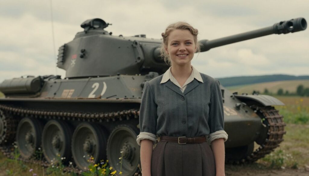 Create an evocative scene featuring "Marusia" from the iconic Polish TV series "Czterej pancerni i pies." In the foreground, depict Marusia, a young woman with a warm smile and expressive eyes, dressed in period-appropriate casual attire, standing confidently beside a vintage military tank. In the middle ground, illustrate the tank in great detail, featuring worn textures and historical markings, with foliage and small wildflowers surrounding it, creating a nostalgic atmosphere. In the background, include a serene landscape with rolling hills and a soft, cloudy sky, casting a gentle, diffused light that enhances the feeling of warmth and camaraderie. Aim for a cinematic portrait angle that captures her character’s essence and evokes the enduring legacy of this beloved series.